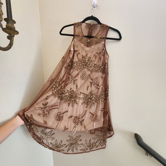 Altar'd State Brown Sequin Beaded Floral Fall Shift Party Dress New Year Holiday - Picture 2 of 9